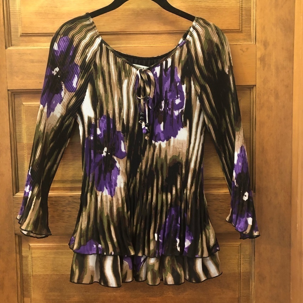 Signature by Larry Levine Women's Brown Purple Floral Accordion Pleat Top S